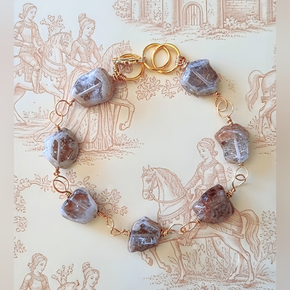 Nature's Druzy Quartz With Ametrine In Classic Bohemian Bracelet In Gold Plated